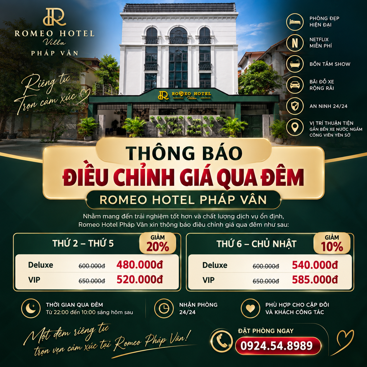 THÔNG BÁO ĐIỀU CHỈNH GIÁ QUA ĐÊM – ROMEO HOTEL VILLA PHÁP VÂN
